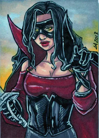 Stylized portrait of masked woman in red and black costume on Lynne Anderson sketch card