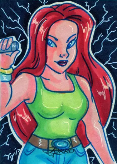 Stylized sketch card of a red-haired woman by Mary Bellamy with lightning backdrop