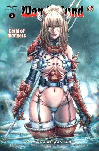 Female warrior in revealing white armor with blood details, Wonderland Child Of Madness #3 cover