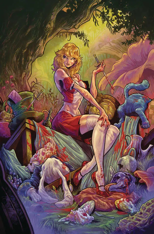 Fantasy illustration of a woman in a red dress with mystical creatures in Wonderland Return To Madness #2 cover A Fajardo, perfect for trading cards enthusiasts