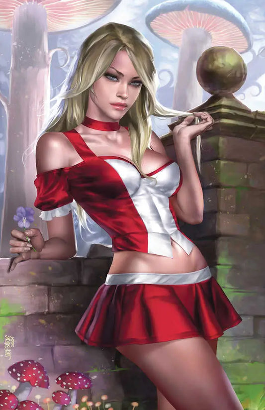 Fantasy character in red and white dress near mushrooms for Wonderland Return To Madness trading cards