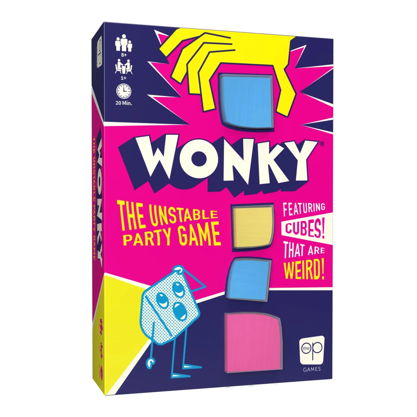 Colorful Wonky The Unstable Party Game box with a cartoon cube character design