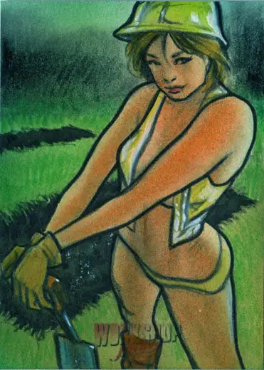 Woman in revealing white swimsuit and green helmet on exclusive sketch card by Huy Truong