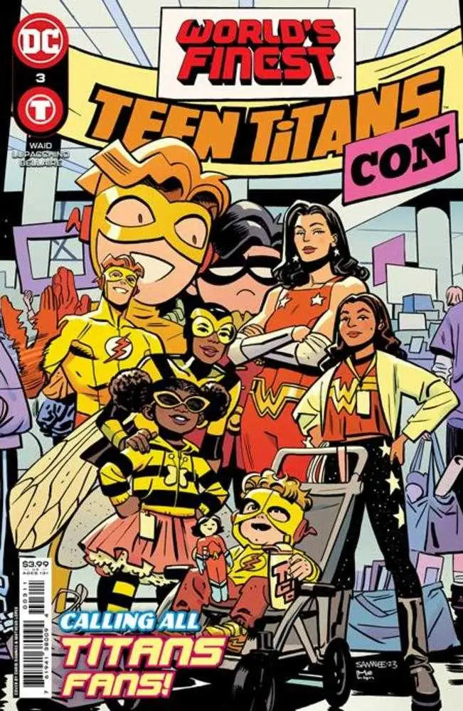 Comic book cover for Worlds Finest Teen Titans Con showcasing young superheroes in vibrant costumes