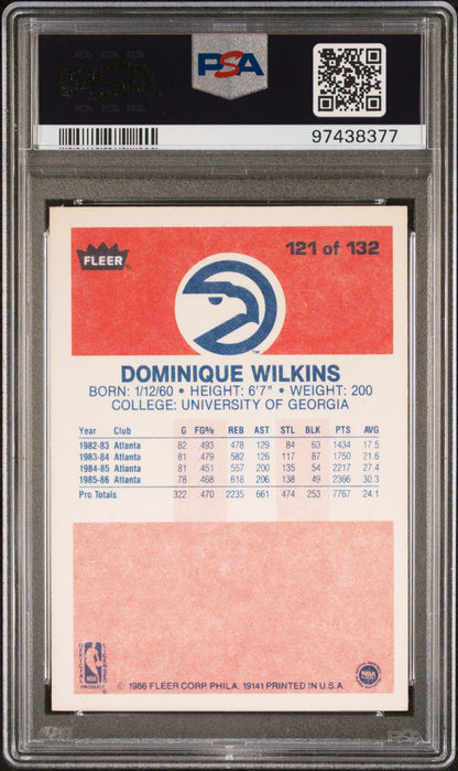 PSA-graded Dominique Wilkins 1986 Fleer Basketball trading card with red and white design