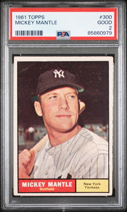 Mickey Mantle 1961 Topps #300 PSA 2 Good baseball card featuring Yankees player in pinstripes