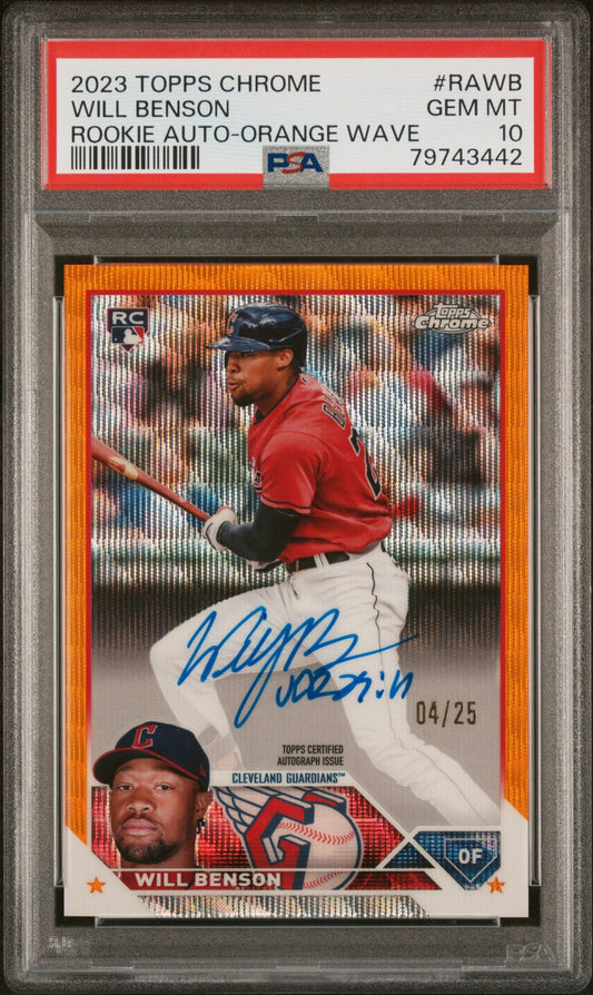 PSA 10 Gem Mint Will Benson 2023 Topps Chrome Orange Wave Auto #4/25 collectible card