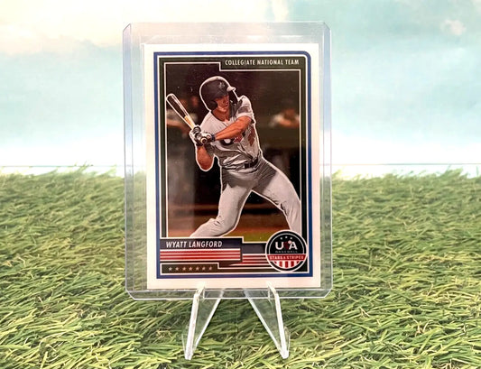 Wyatt Langford 2023 USA Baseball Stars card in clear case on stand for display