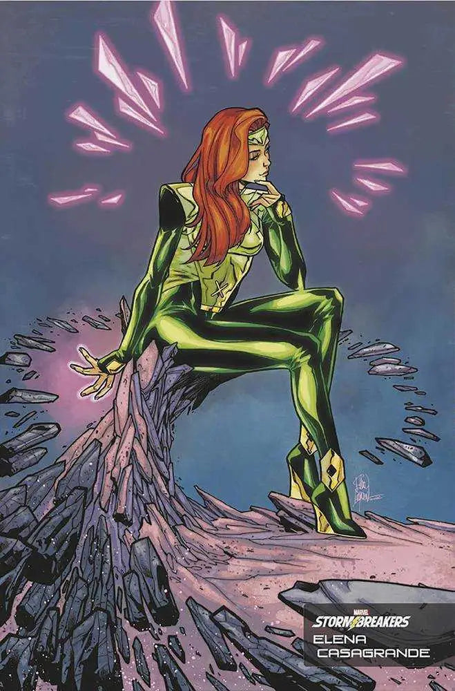 A figure in a metallic green bodysuit poses on rocks with pink energy, Casagrande Stormbreakers Variant