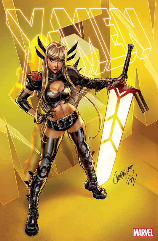 Comic book artwork of a warrior in black leather, featuring Scott Campbell Magik variant design