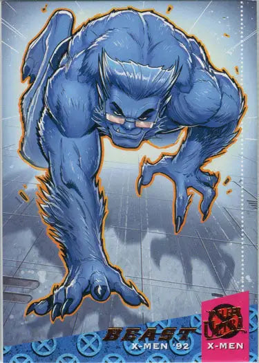 Blue muscular Beast creature with sharp claws featured on X-Men chase card