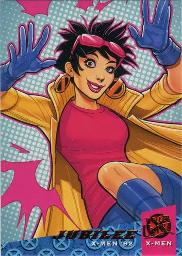 Colorful comic-style illustration of energetic Jubilee for X-Men Chase Card trading cards