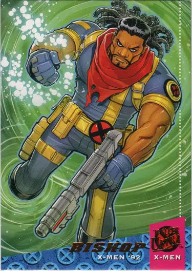 Muscular superhero Bishop in colorful armor on X-Men chase card for trading cards