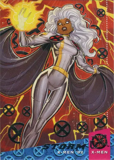 Powerful female superhero Storm with white hair and glowing hand on Silver Foil Chase Card