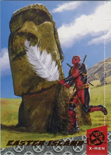 Stone Moai statue with moss on Easter Island featured in X-Men chase card DAW5