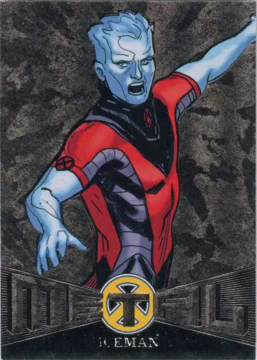 Blue-skinned superhero in red and purple costume on X-Men Metal Blasters Chase Card