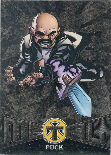 Bald muscular cartoon character in black outfit leaping forward on Metal Blasters Chase Card