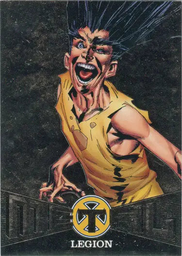 Wildly grinning figure in yellow top with spiky hair on X-Men Metal Blasters Chase Card