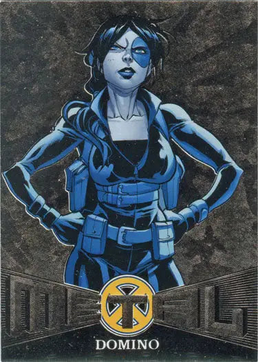 Stylized illustration of Domino in a blue outfit for X-Men Metal Blasters Chase Card