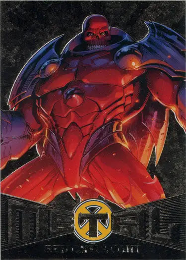 Menacing red robotic figure with glowing eyes from X-Men Metal Blasters Chase Card MB49