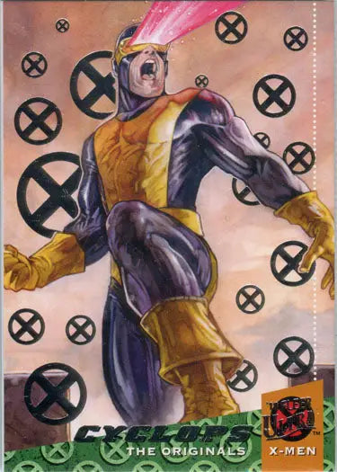 Superhero in yellow and purple costume on X-Men Silver Foil Chase Card 02 Cyclops