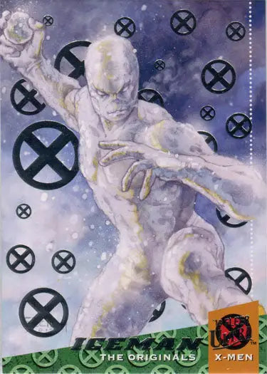 Silvery humanoid Iceman in dynamic pose on X-Men Silver Foil Chase Card artwork