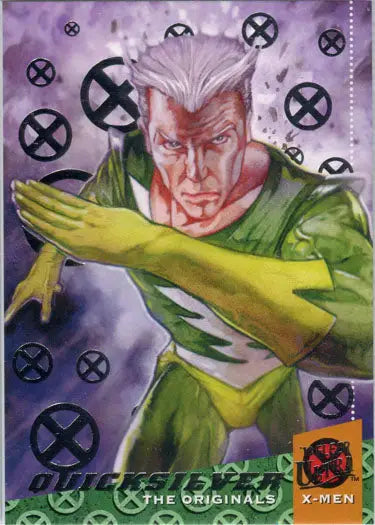 Superhero character with white hair in green and yellow costume on X-Men Silver Foil Chase Card