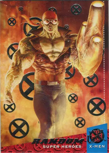 Muscular superhero with red goggles and glowing fist on X-Men silver foil base parallel card