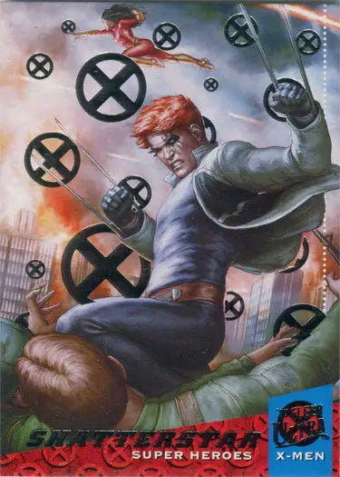 Superhero leaping with circular X symbols on X-Men 2018 Silver Foil Base Parallel Card