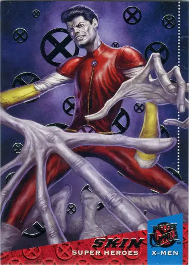 Superhero in red costume with stretching limbs on X-Men 2018 silver foil base parallel card