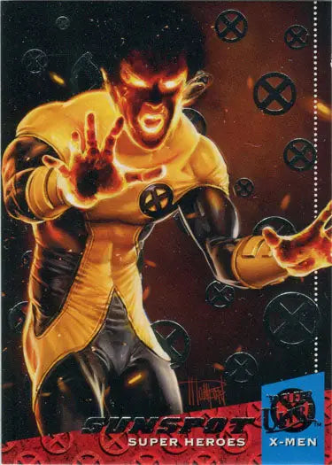 Superhero in yellow costume with fiery energy on X-Men 2018 Silver Foil Base Parallel Card