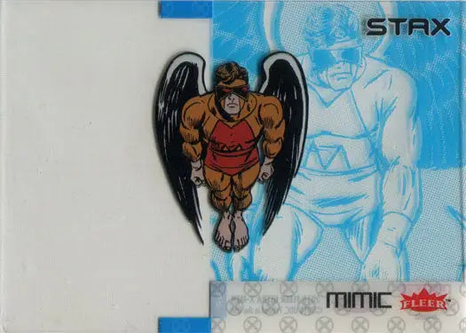 Muscular winged humanoid in red featured on X-Men layer chase card from 2018 Fleer Ultra