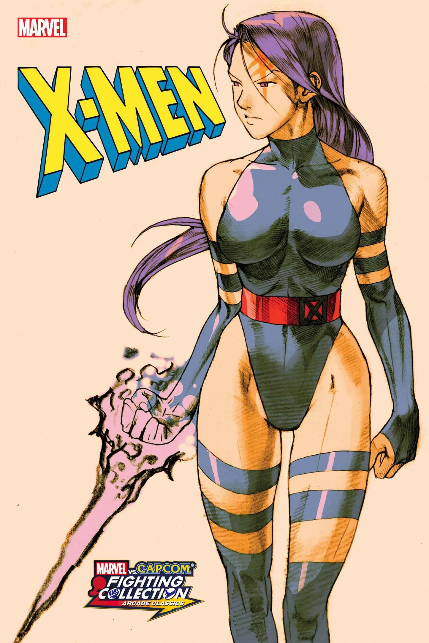 Female X-Men character in a bodysuit wielding pink weapon from Bengus Marvel Capcom Var