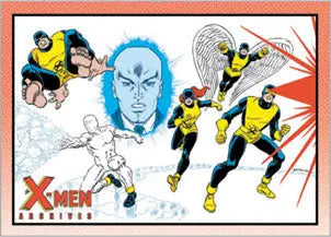 Comic book-style illustration of superheroes in yellow costumes on X-Men Archives promo card