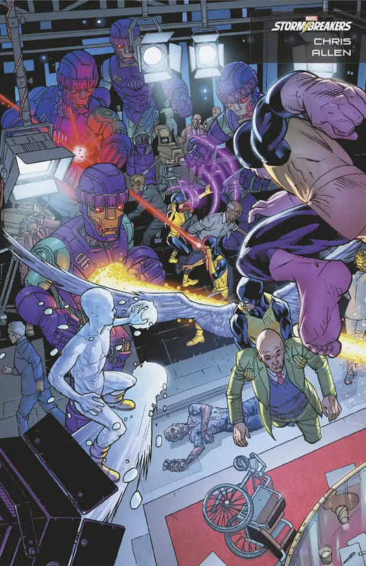 Comic book artwork of X-Men in purple and white costumes battling in a dystopic future