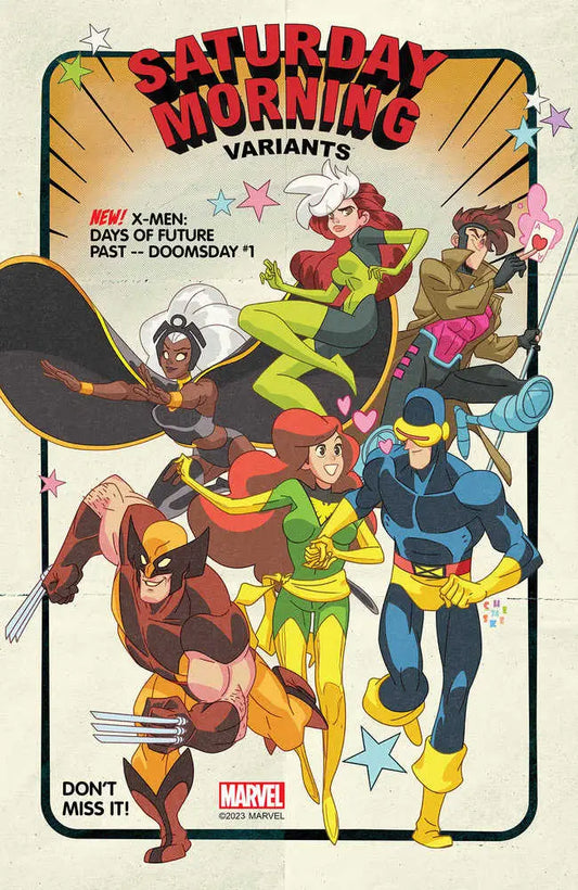 Comic book cover of X-Men characters in retro Saturday morning style for Dystopic Future variant