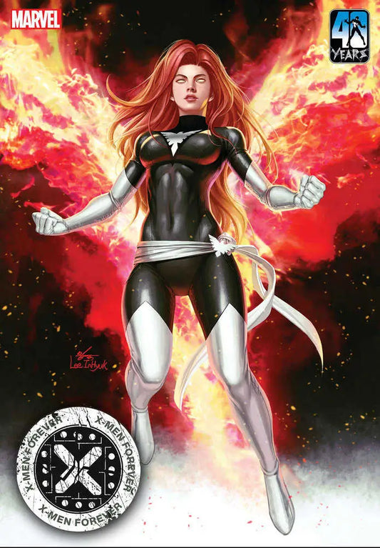 Superhero in black and white costume with phoenix energy for X-Men trading cards