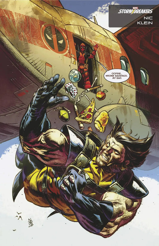 Comic book panel of X-Men characters fighting near aircraft in Stormbreakers Variant