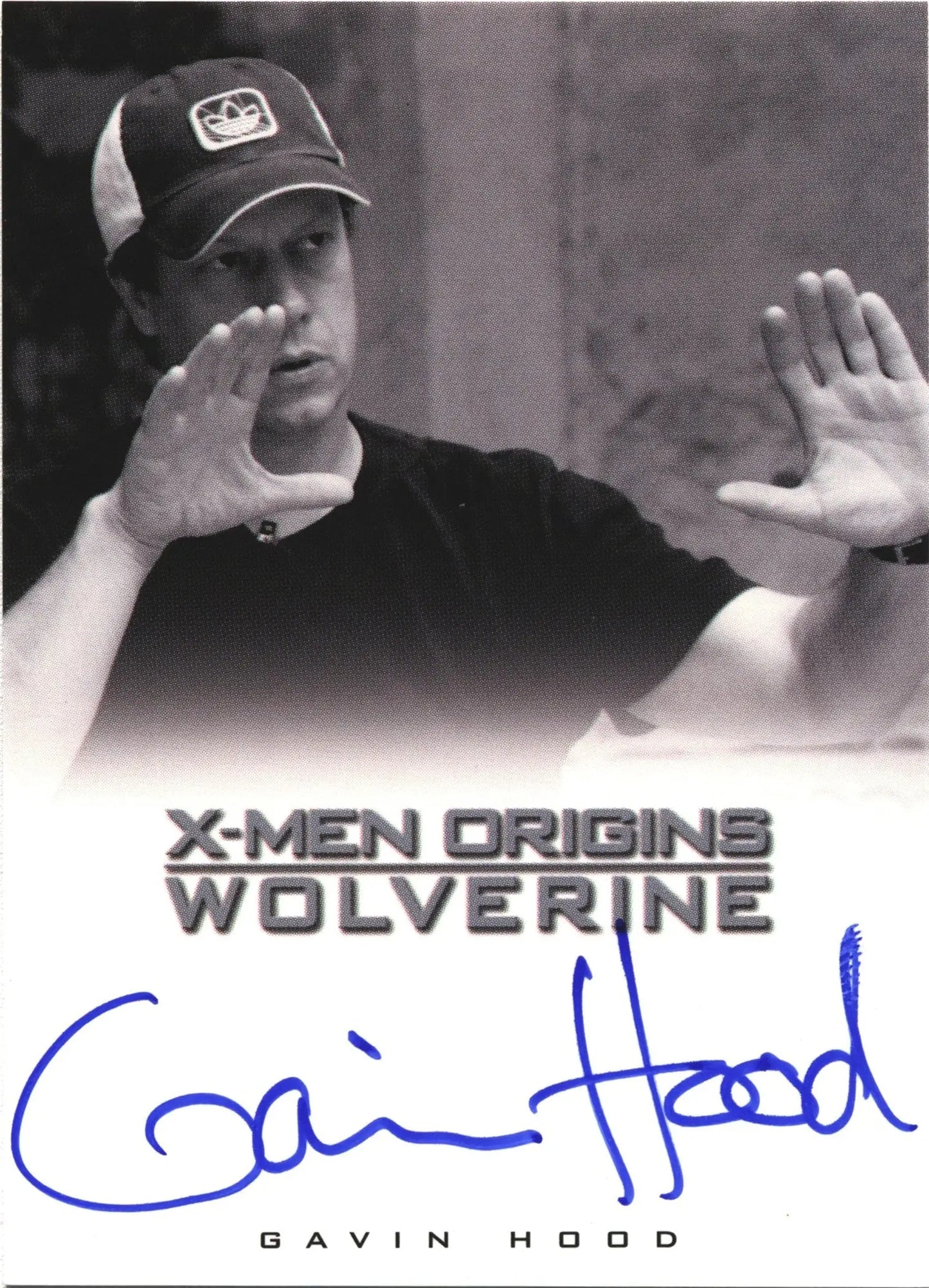 Autographed black and white photograph of Gavin Hood for X-Men Origins Wolverine autograph card