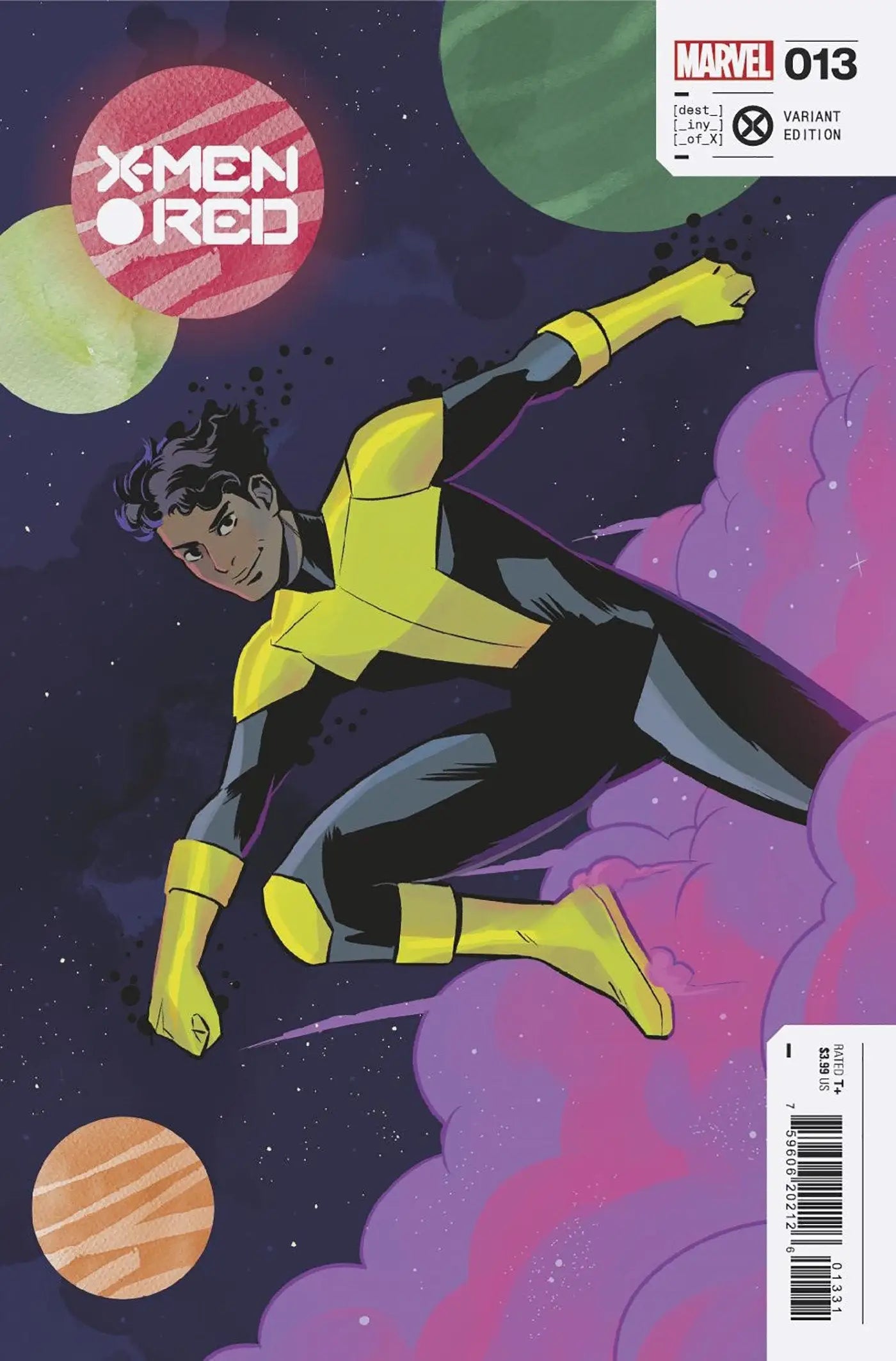 Superhero in yellow and black costume flying through space for X-Men Red 13 trading cards