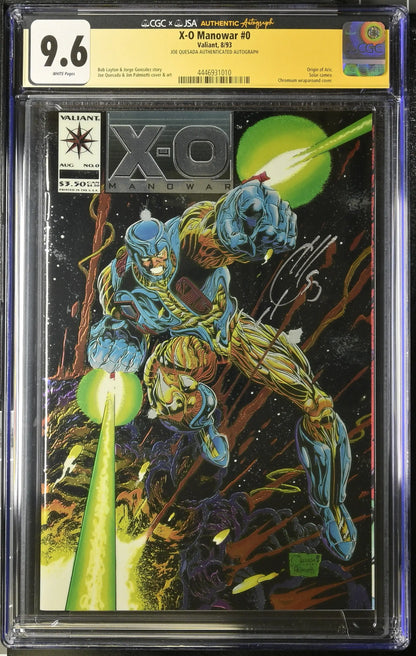 CGC graded 9.6 X-O Manowar #0 comic signed by Joe Quesada with armored characters and energy beams