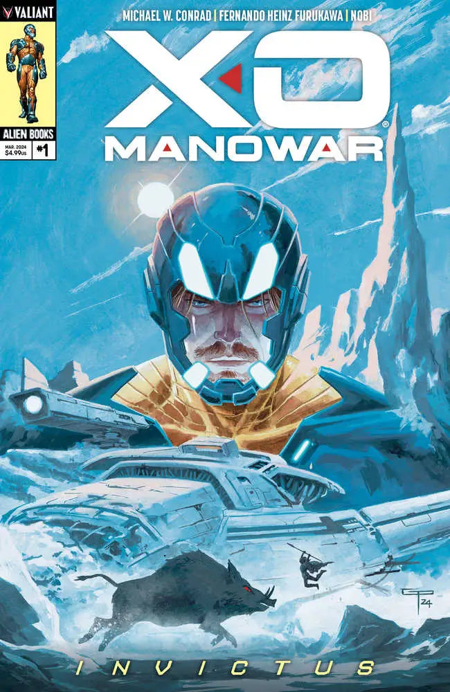 X-O Manowar Invictus #1 Cover A Peralta features a helmeted warrior in icy backdrop