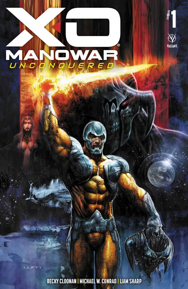 Comic book cover for X-O Manowar: Unconquered #1 with armored warrior in cosmic setting