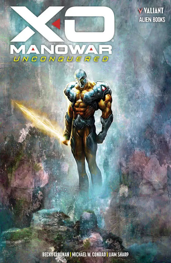 Muscular humanoid in golden armor and glowing blue eyes from X-O Manowar Unconquered