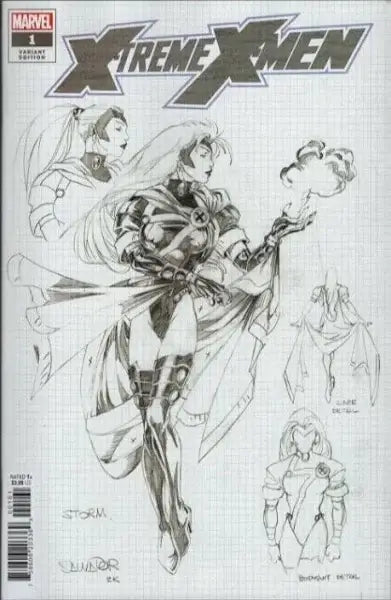 Comic book cover sketch of a superhero in dynamic pose for X-Treme X-Men trading cards