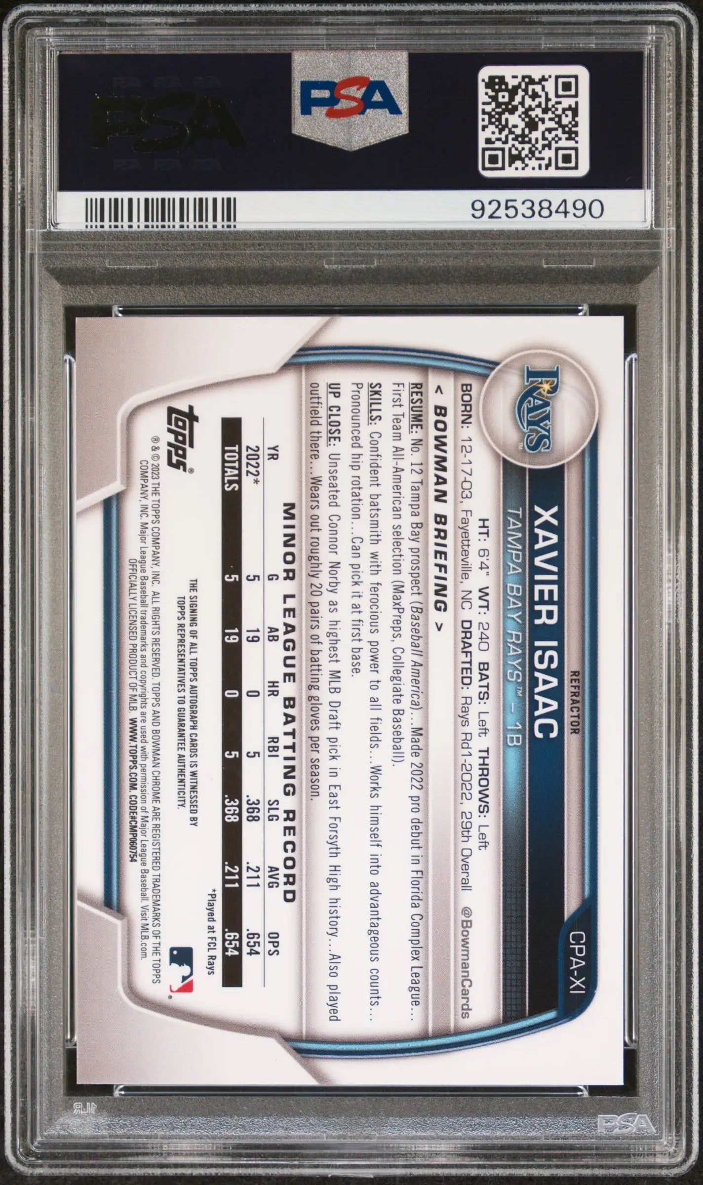 PSA-graded Xavier Isaac 2023 Bowman Chrome Refractor Auto in protective holder with QR code