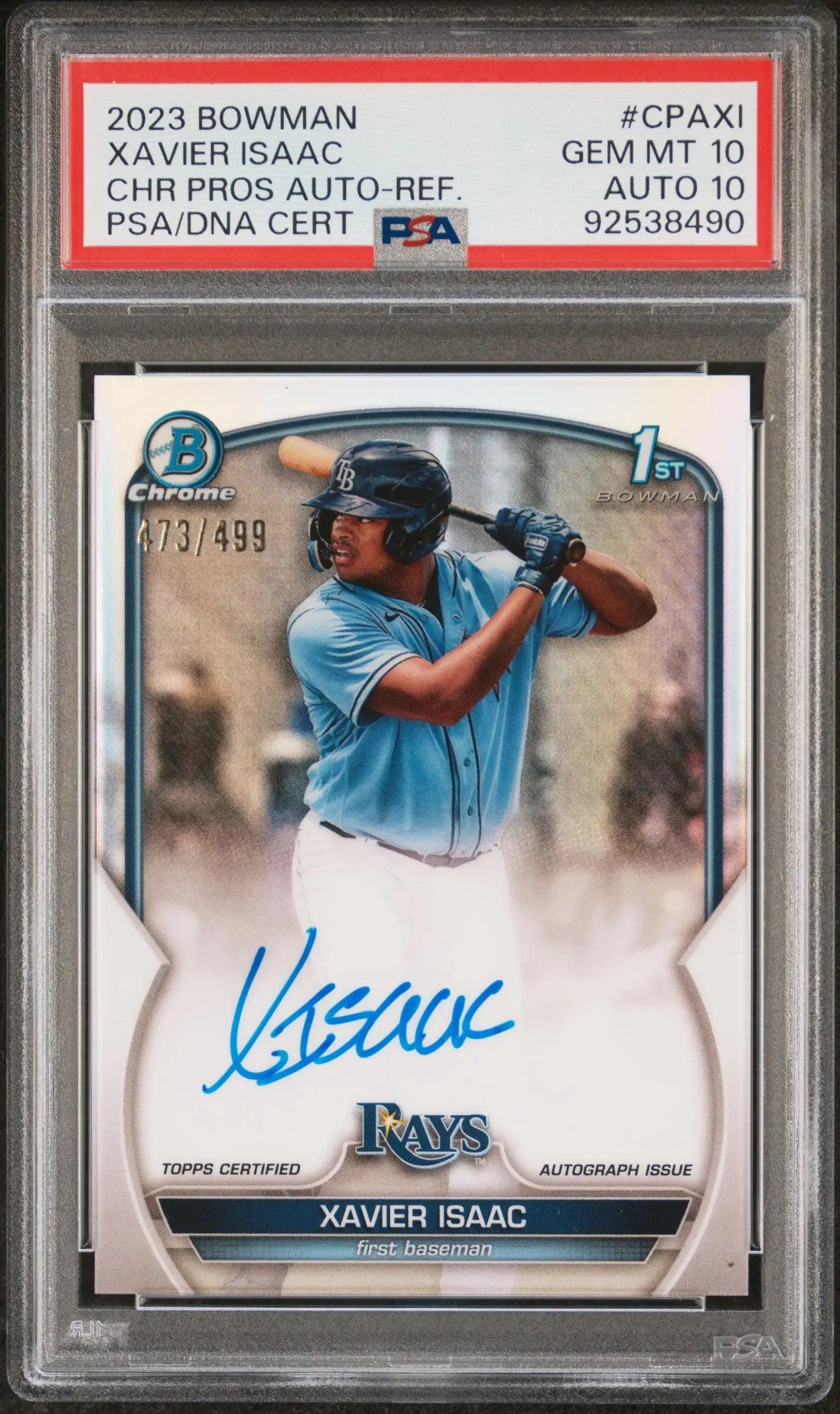 PSA 10 Xavier Isaac 2023 Bowman Chrome Refractor Auto 473/499 Tampa Bay Rays card