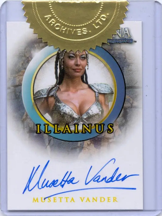 Autograph card featuring Musetta Vander as Illainus in fantasy costume trading card