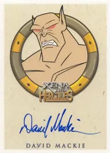 Cartoon portrait of angry character on David Mackie Autograph Card from Xena & Hercules trading cards