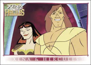 Cartoon illustration of Xena and Hercules on a promo card from animated adventures